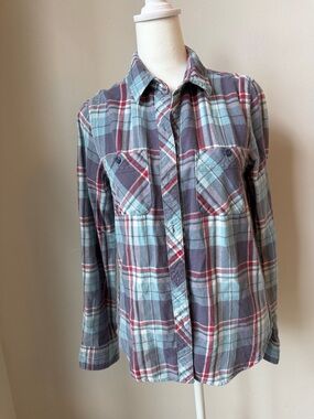 Mudd Plaid Button-Down Shirt in Gray, Light Blue & Red